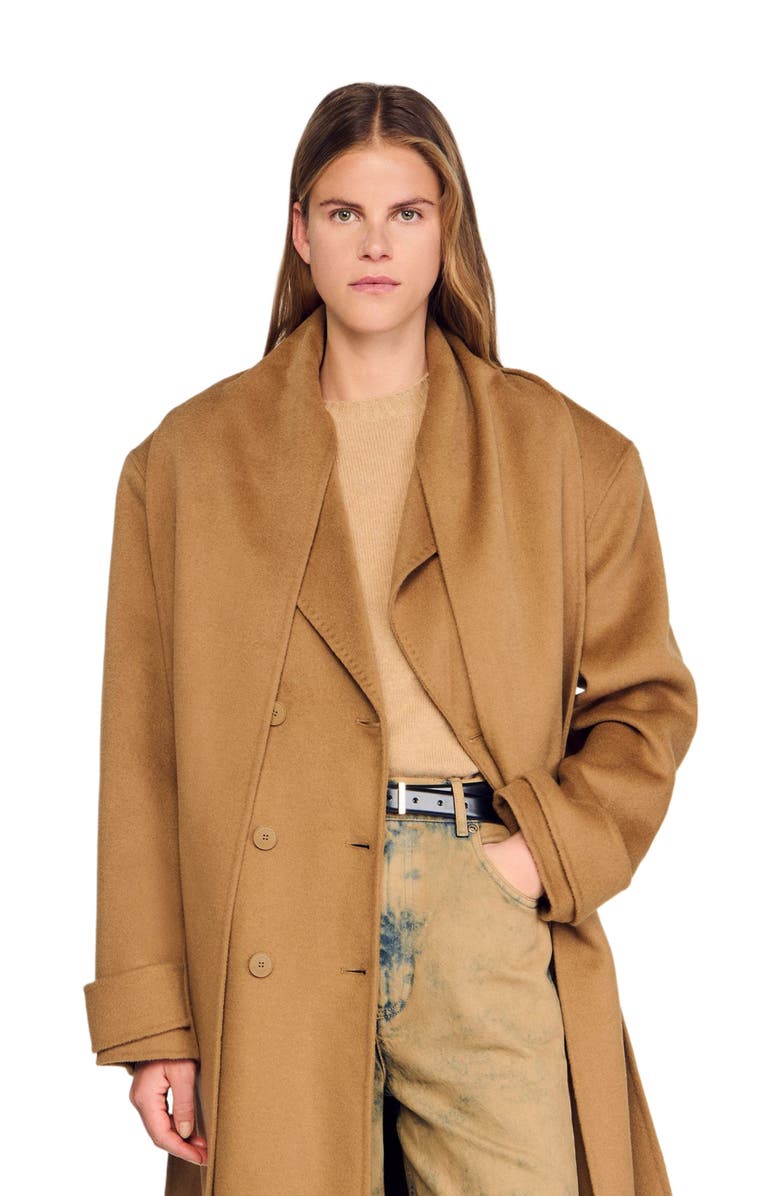 SANDRO Oversized Wool Coat with removable scarf, Alternate, color, Camel