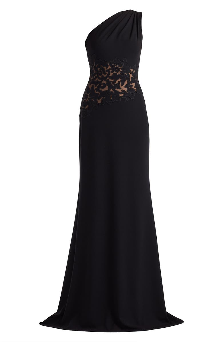 Tadashi Shoji Embroidered Detail One-Shoulder Gown, Alternate, color, Black/ Nude