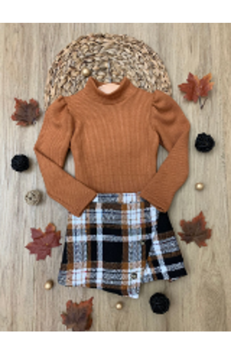 Mia Belle Girls Rust Turtleneck Top and Plaid Skort Set, Alternate, color, Brown