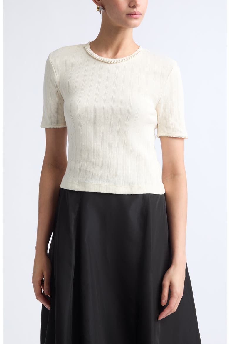 Faux Pearl Crop Cotton Pointelle Rib T-Shirt, Main, color, ECRU/ PEARL