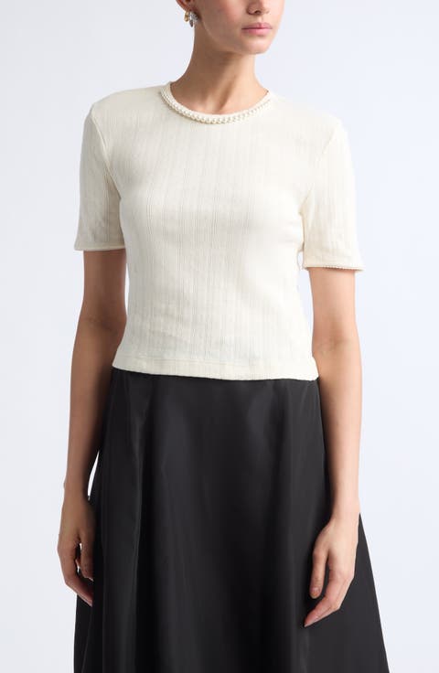 Faux Pearl Crop Cotton Pointelle Rib T-Shirt