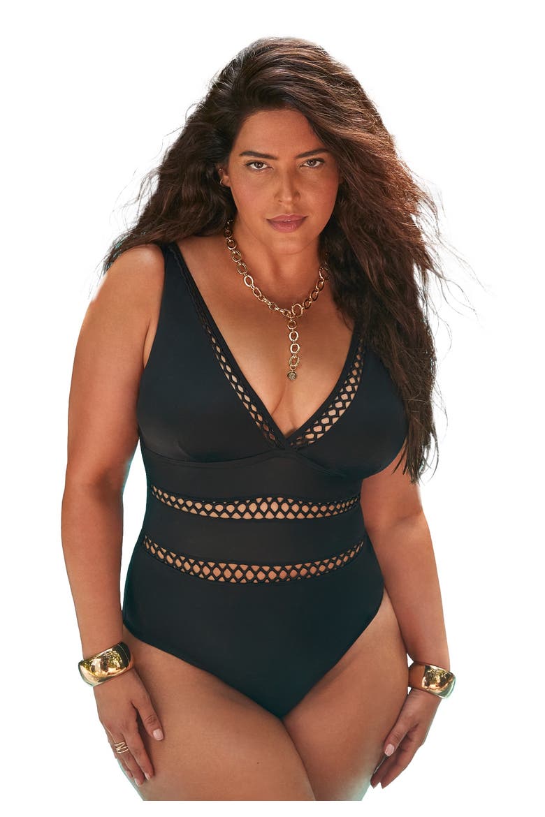 Lattice Plunge One Piece Swimsuit, Main, color, Black