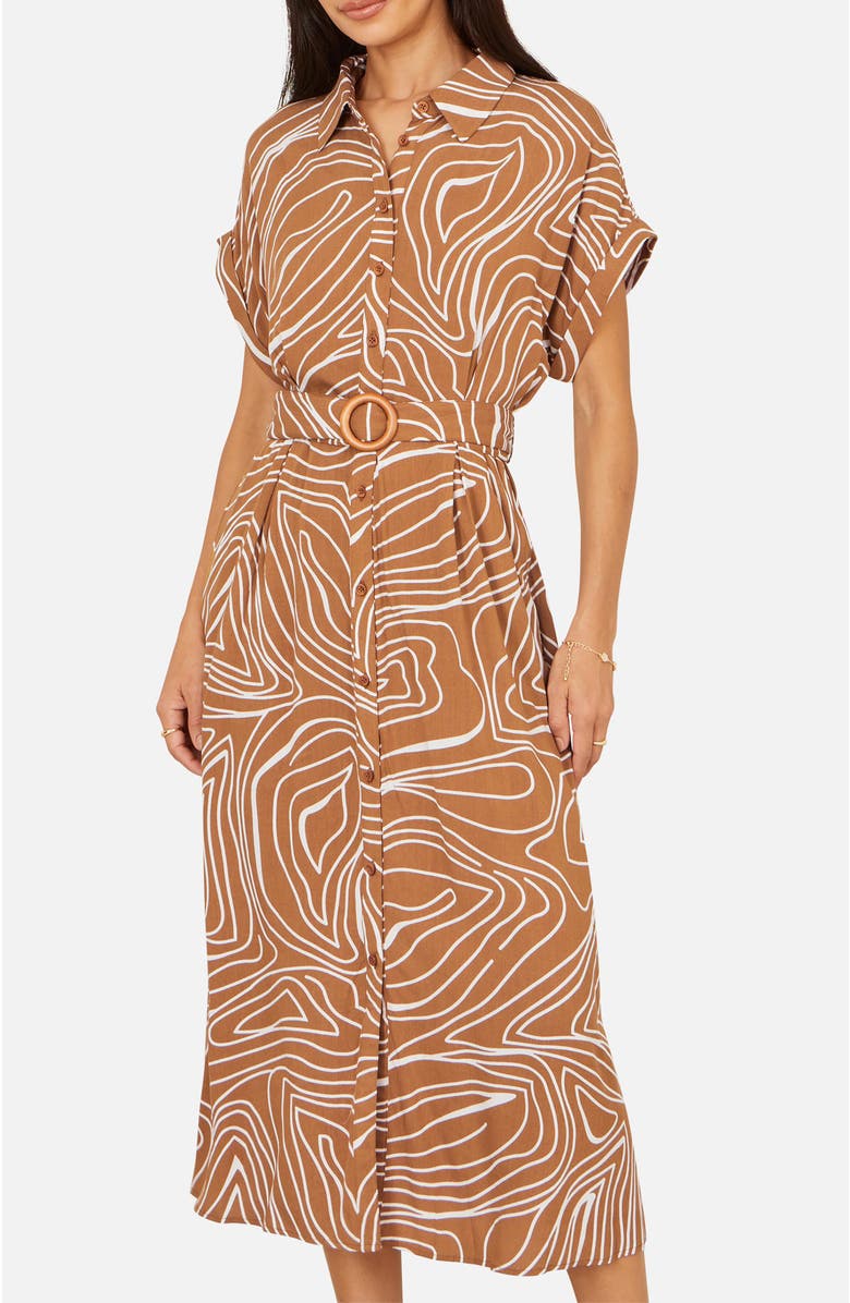 Yumi Abstract Swirl Print Relaxed Midi Dress, Alternate, color, Brown