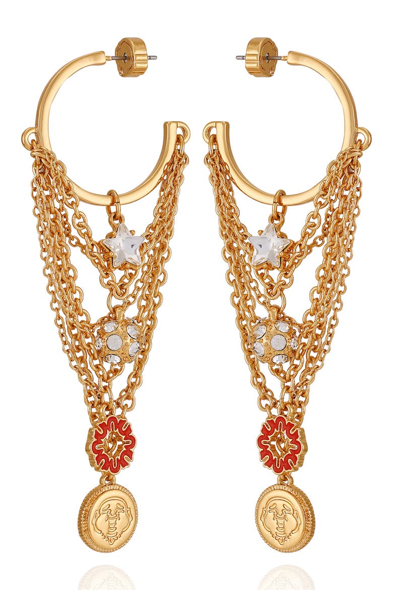 Charm Chain Drop Hoop Earrings, Main, color, GOLD TONE