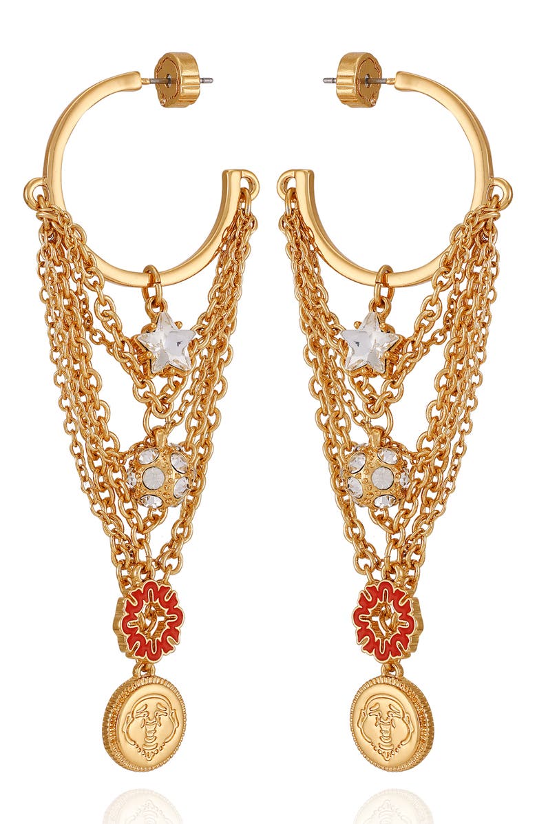 True Religion Charm Chain Drop Hoop Earrings, Main, color, Gold Tone