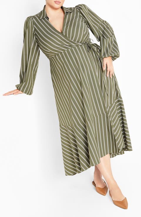 Brynn Stripe Long Sleeve Cotton Blend Dress (Plus)
