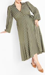 City Chic Brynn Stripe Long Sleeve Cotton Blend Dress