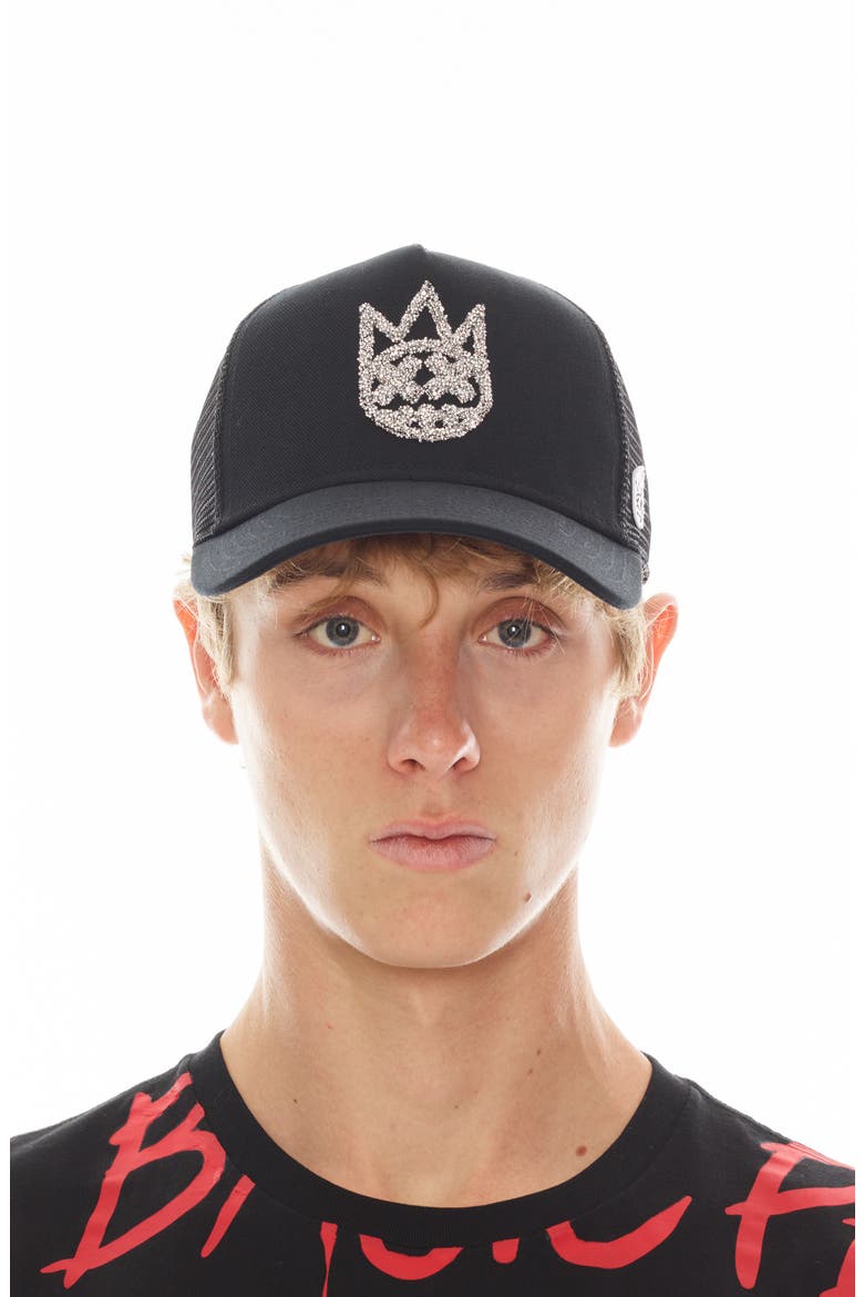 Clean Crystal Embellished Logo Trucker Hat, Alternate, color, BLACK
