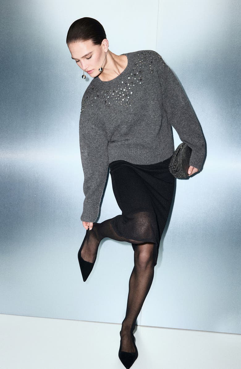 MANGO Estrella Embellished Sweater, Alternate, color, Dark Heather Grey