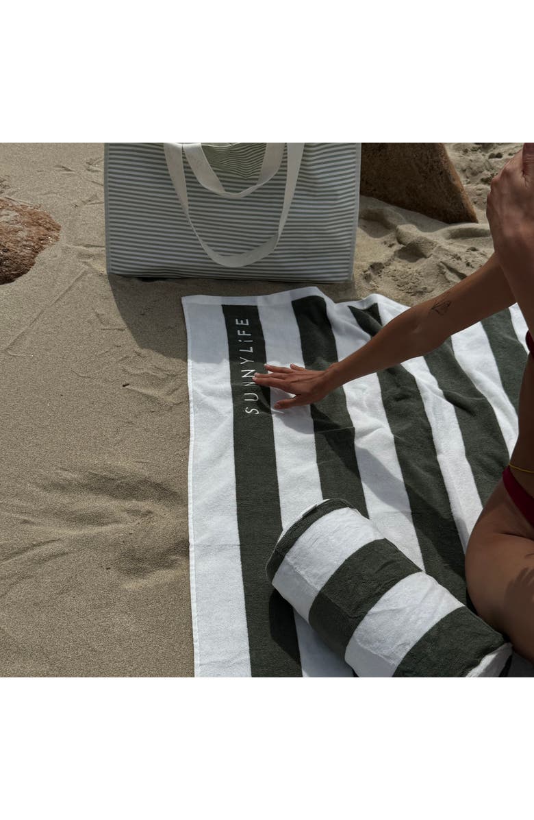 Sunnylife Inflatable Beach Pillow Vacay Olive Stripe 14X6" Neck Pillow, Alternate, color, 