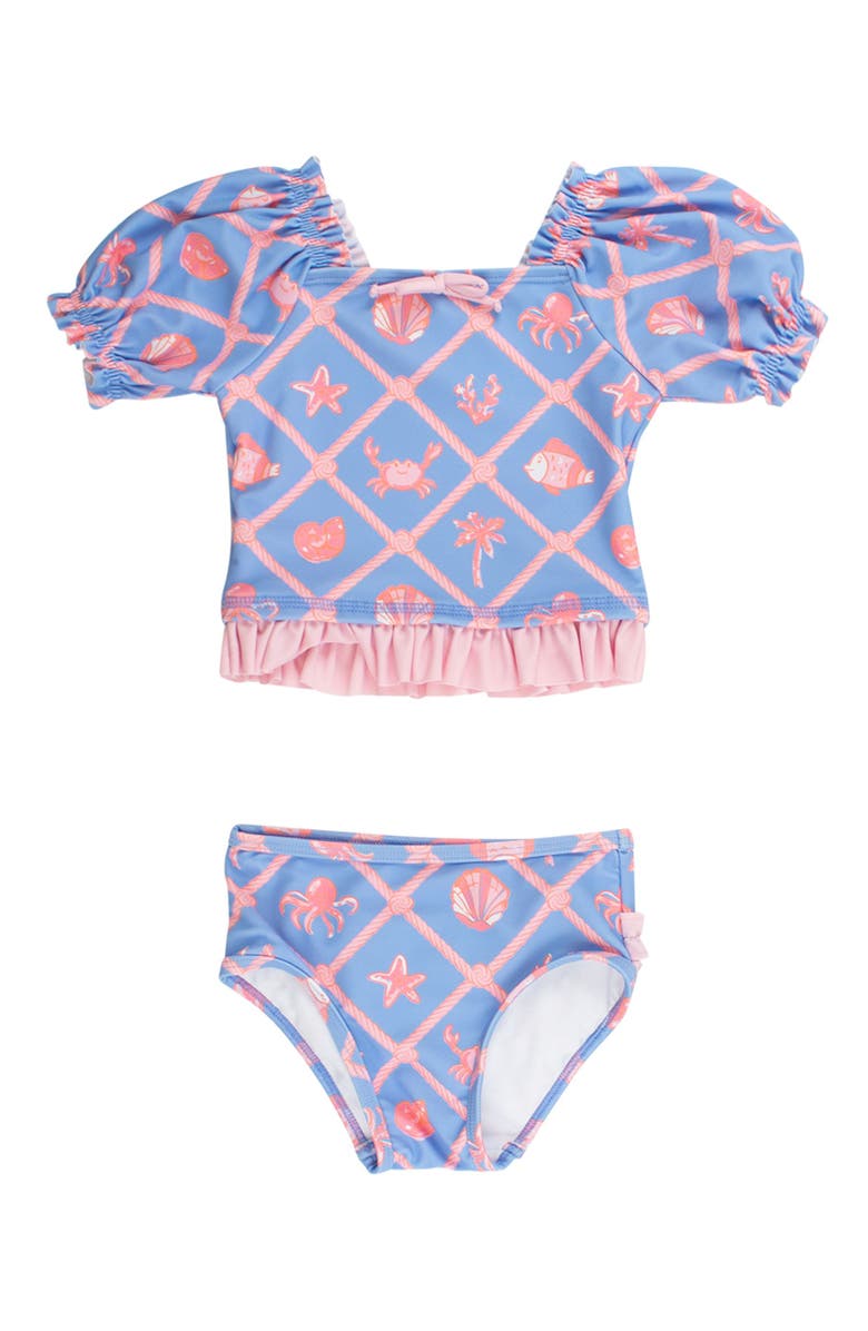 RuffleButts UPF50+ Puff Sleeve Ruffle Tankini 2-Piece Swimsuit, Main, color, Tropical Trellis