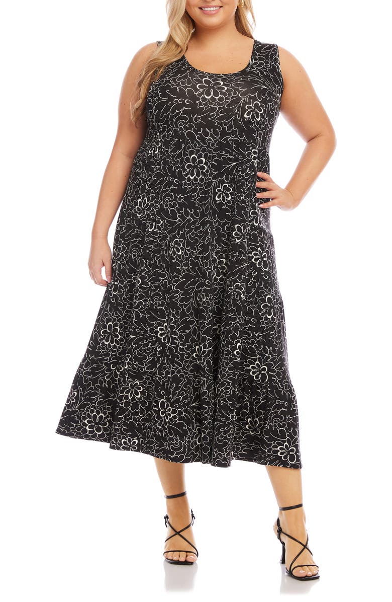 Karen Kane Floral Print Tiered Sleeveless Midi Dress, Main, color, Black Print