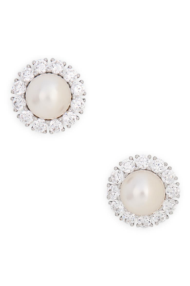 Chiara Faux Pearl & Cubic Zirconia Halo Stud Earrings, Main, color, RHODIUM