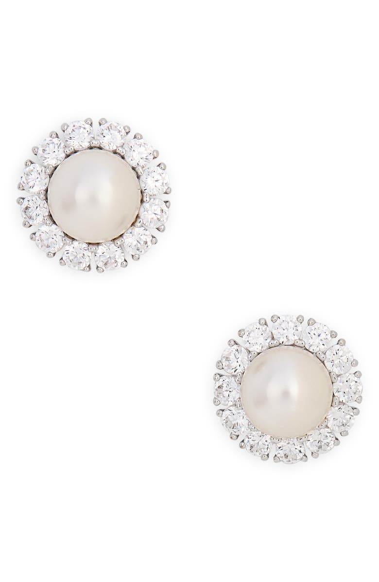 Nadri Chiara Faux Pearl & Cubic Zirconia Halo Stud Earrings, Main, color, Rhodium