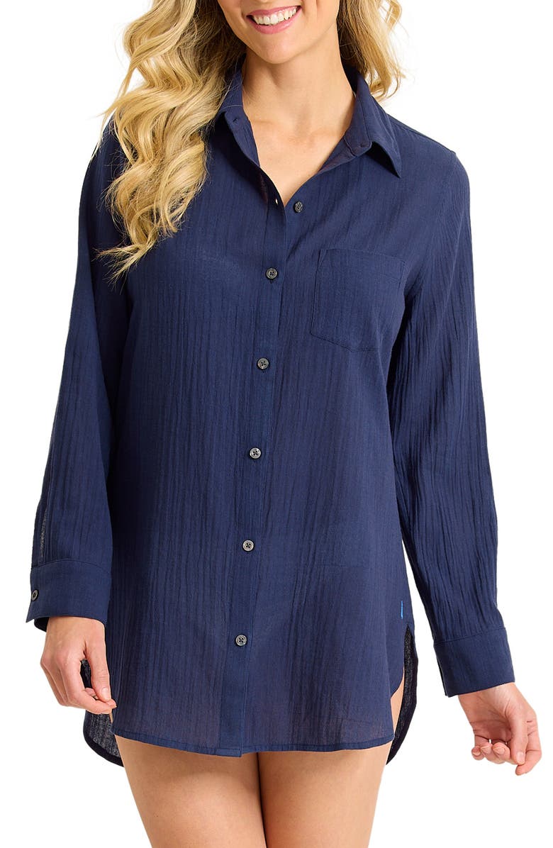 Tommy Bahama Palm Bay Boyfriend Shirt, Main, color, Mare Navy