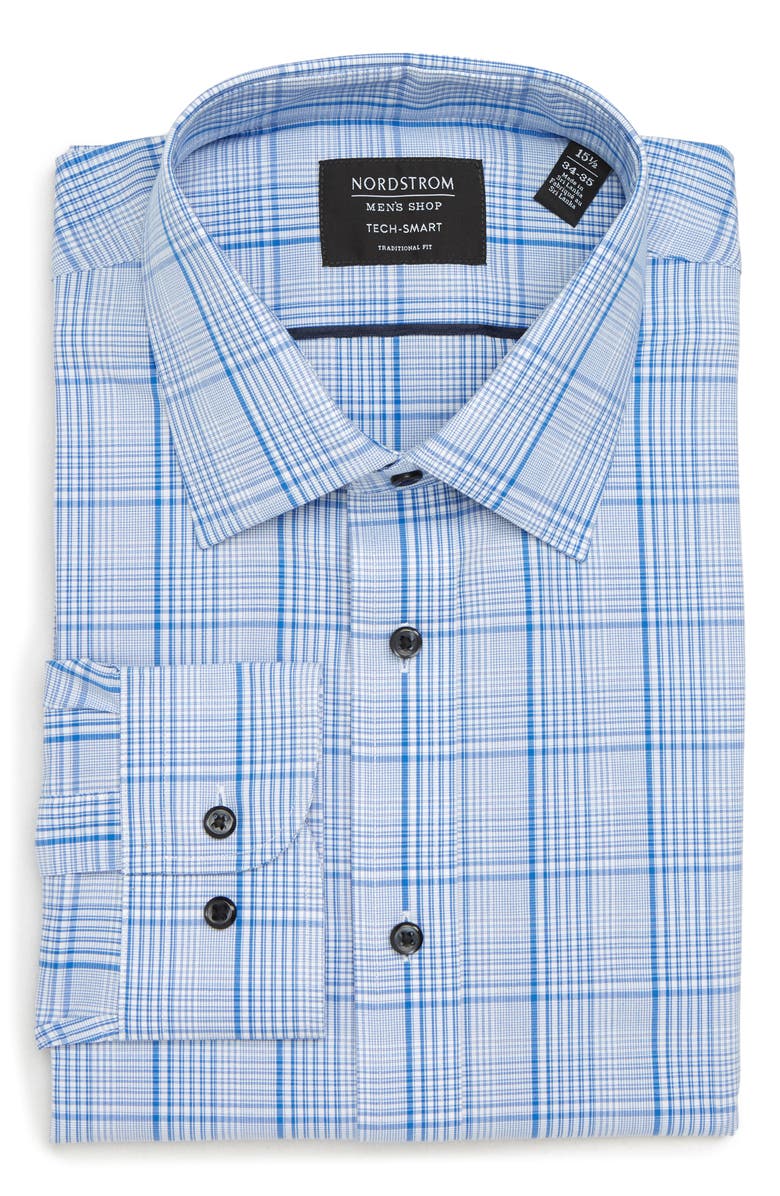 Nordstrom Men's Shop Tech-Smart Traditional Fit Plaid Dress Shirt, Alternate, color, Blue Bliss