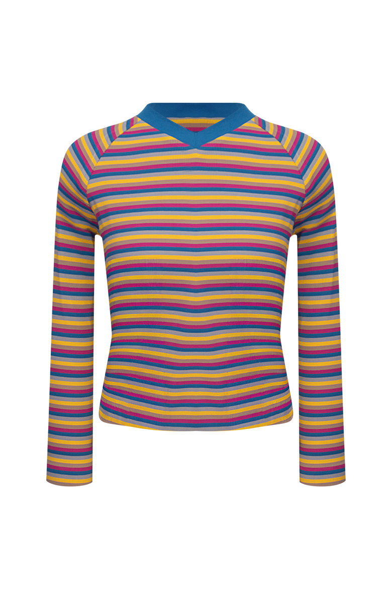 Ladies Striped Raglan V-Neck Tee, Main, color, Fuchsia