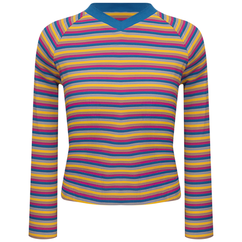 Striped Rib Knit Raglan Long Sleeve V-Neck Tee