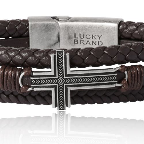 Lucky Brand Braided Leather Bracelet With Cross In Brown