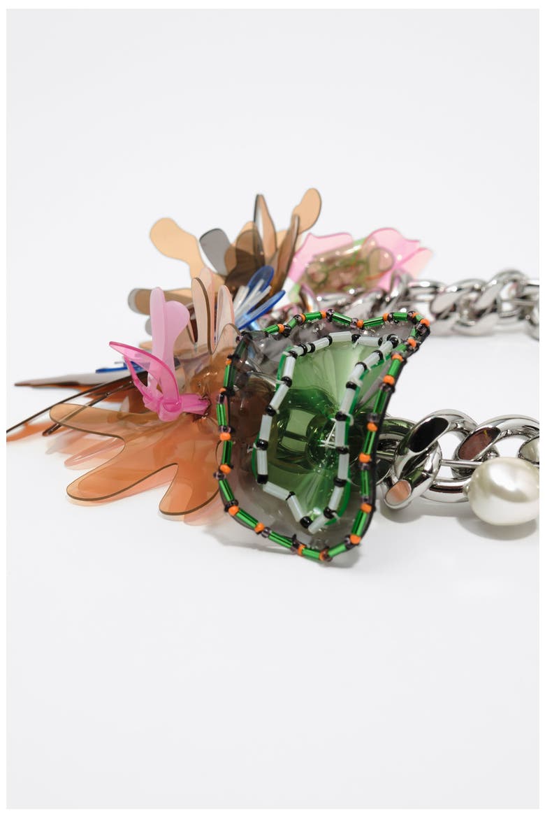 Flowers Necklace with Chain and Silver Pearls, Alternate, color, BLUE