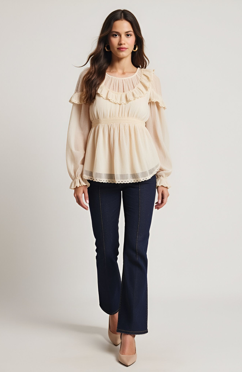 Modenaire Ruffled Long Sleeve Blouse With Sheer Finish And Lace Trim In Neutral