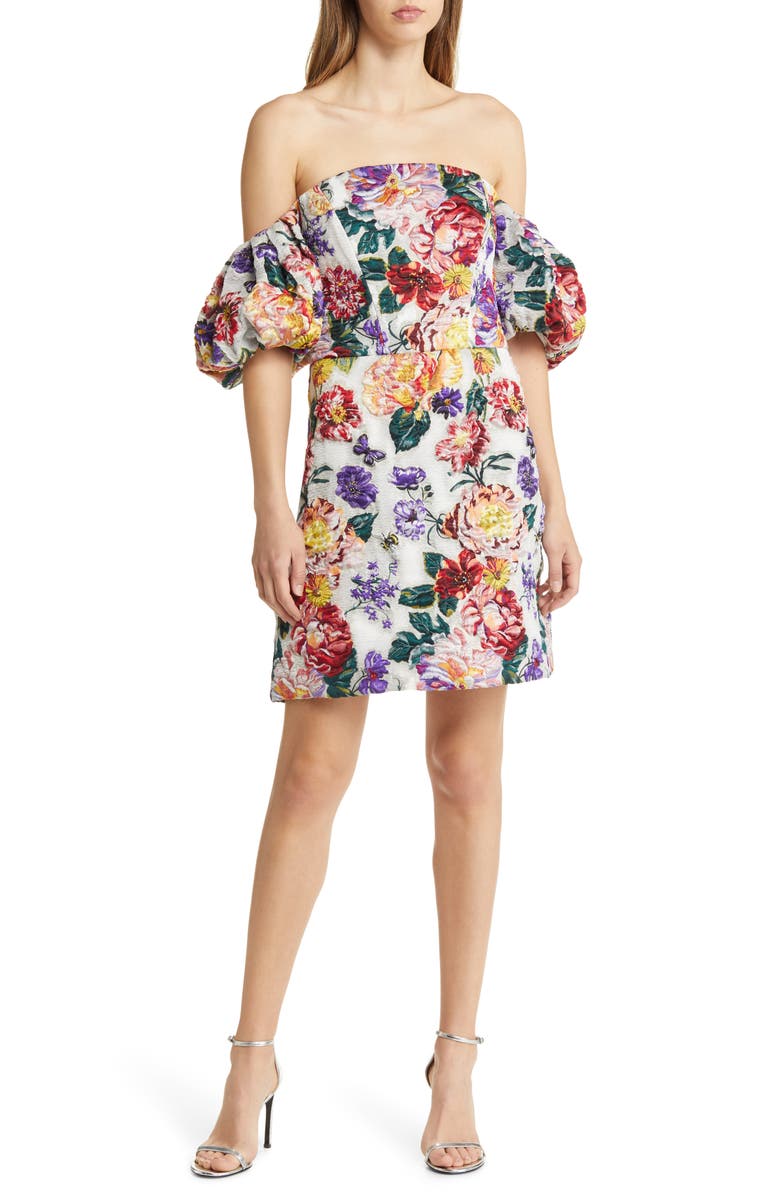 Marchesa Notte Floral Puff Sleeve Fil Coupé Cocktail Dress, Main, color, Ivory Floral