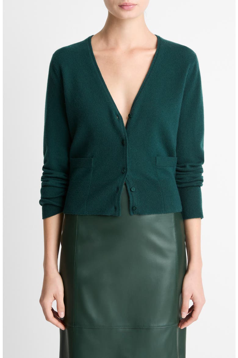 Satin Button Wool & Cashmere Blend V-Neck Cardigan, Main, color, JUNIPER