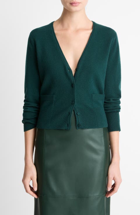 Satin Button Wool & Cashmere Blend V-Neck Cardigan