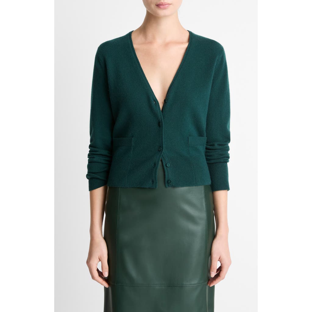 Vince Satin Button Wool & Cashmere Blend V-neck Cardigan In Green