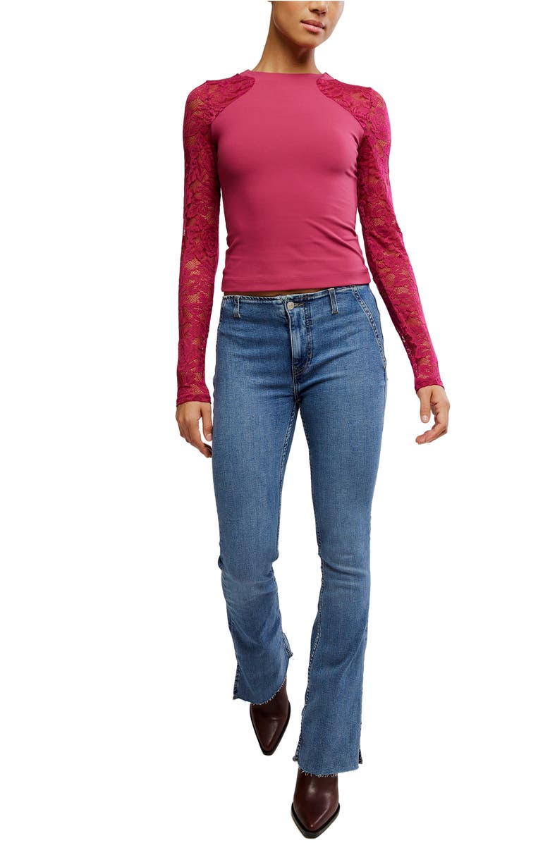 Free People No Excuses Lace Sleeve Top, Alternate, color, Sangria