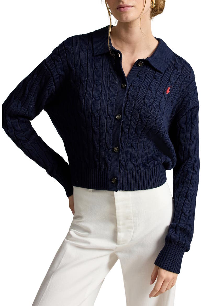 Cable Cotton Polo Collar Cardigan, Main, color, HUNTER NAVY