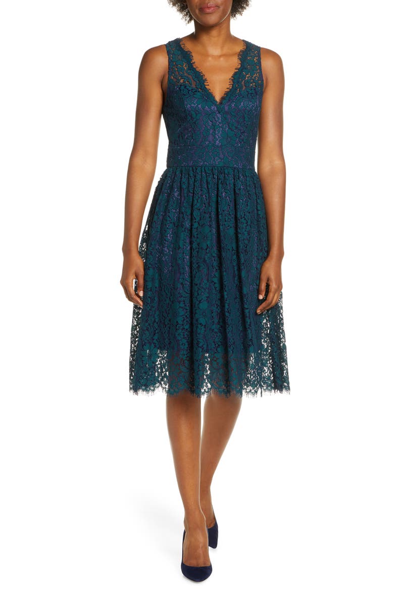 Lace Fit & Flare Dress, Main, color, GREEN