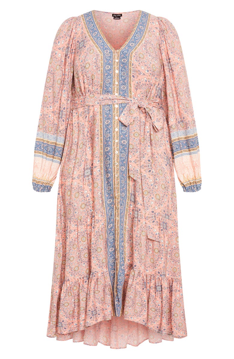 City Chic Clover Tie Belt Button Front Long Sleeve Maxi Dress, Alternate, color, Peachy Border