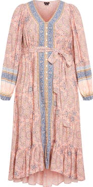 City Chic Clover Tie Belt Button Front Long Sleeve Maxi Dress