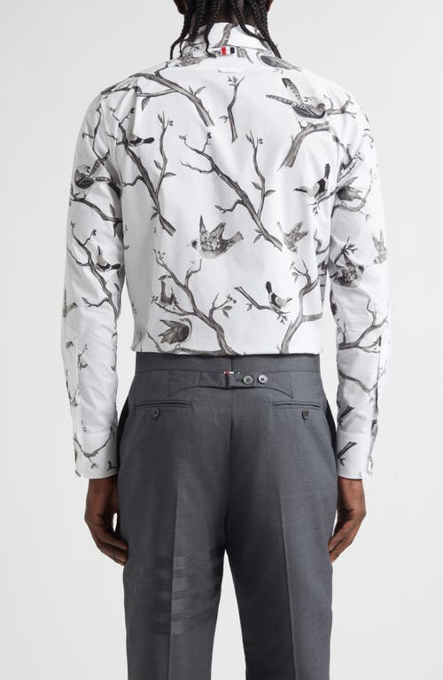 Thom Browne Bird Print Straight Fit Cotton Poplin Button-down Shirt In White