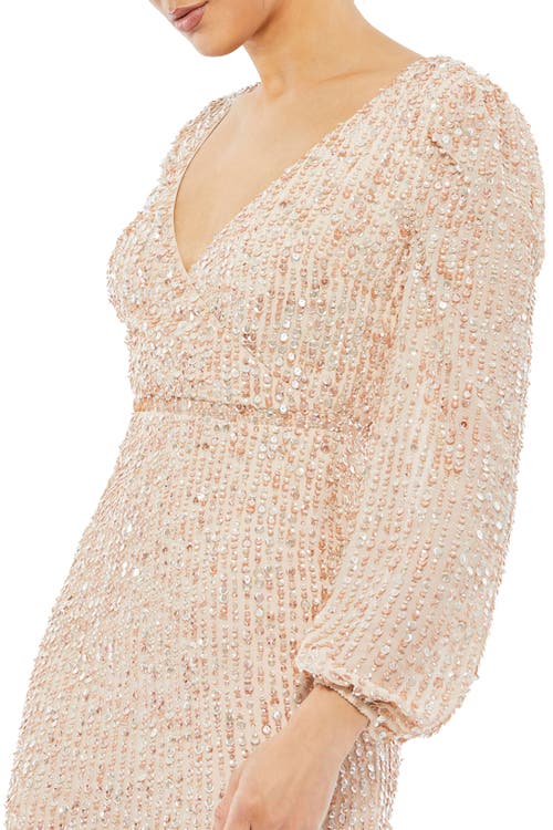 Mac Duggal Sequin Surplice Faux Wrap V Neck Blouson Sleeve Dress In Nude