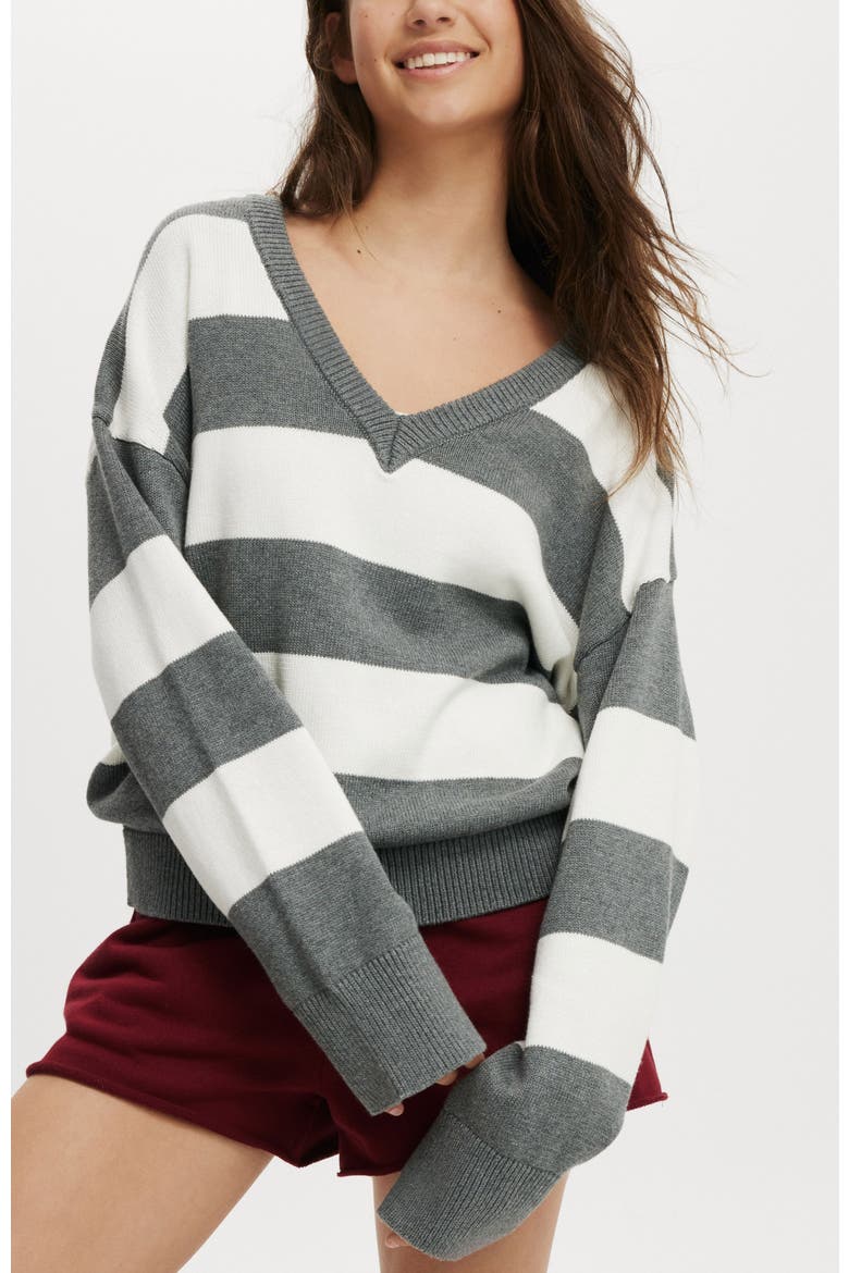 Women's Preppy V Neck Sweater, Main, color, Grey Stripe