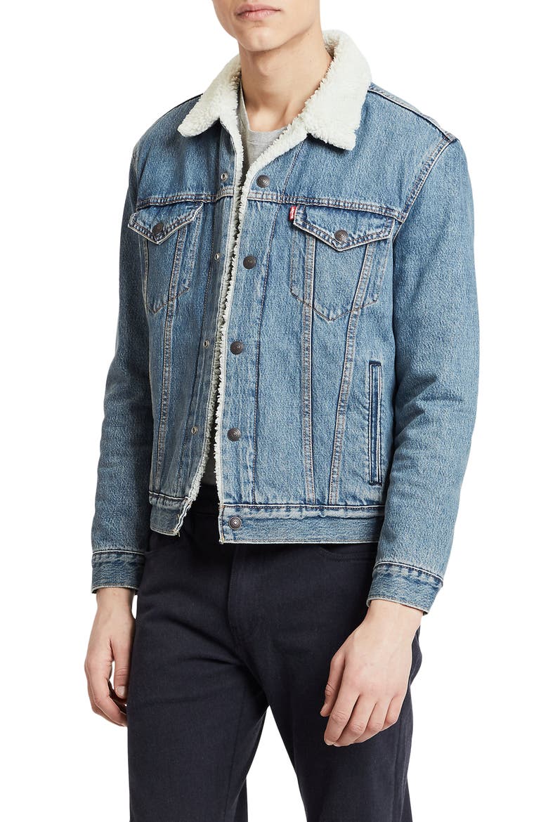 Levi's® Type III Faux Shearling Lined Denim Trucker Jacket, Main, color, GLASS BEACH