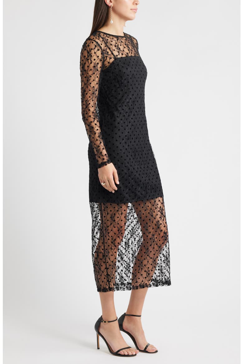 Lace Illusion Midi Dress, Alternate, color, BLACK