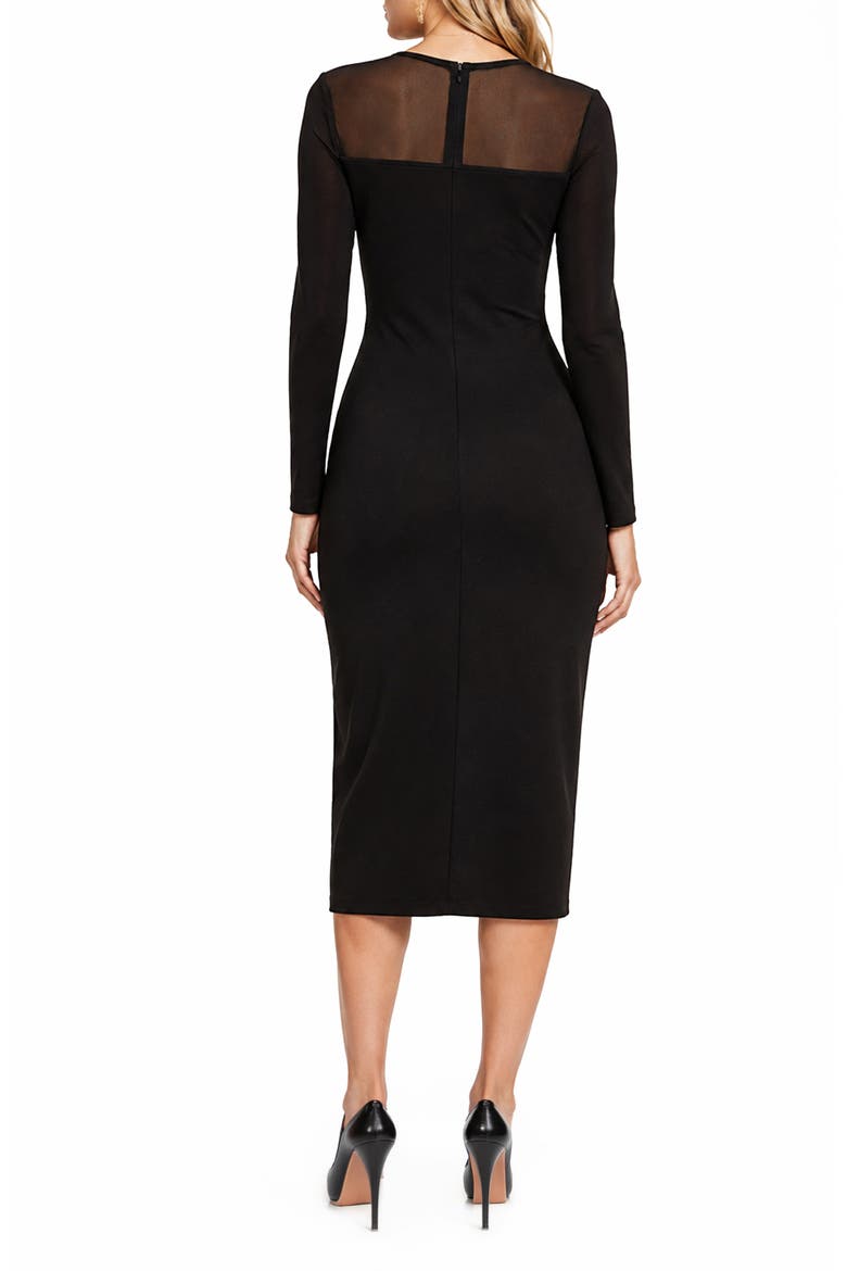 Celia Illusion Mesh Ruched Midi Dress, Alternate, color, BLACK