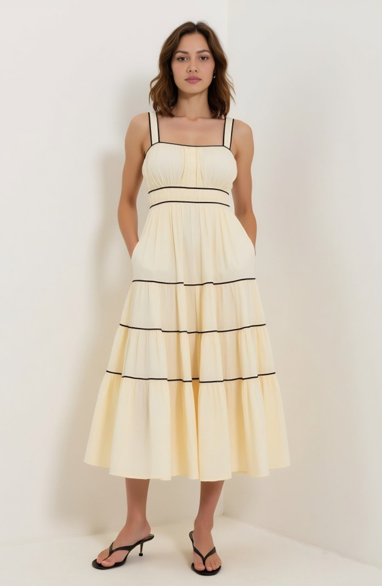 Modenaire Strappy Tiered Flowing Contrasting Trim Maxi Dress, Alternate, color, Off-White / Black