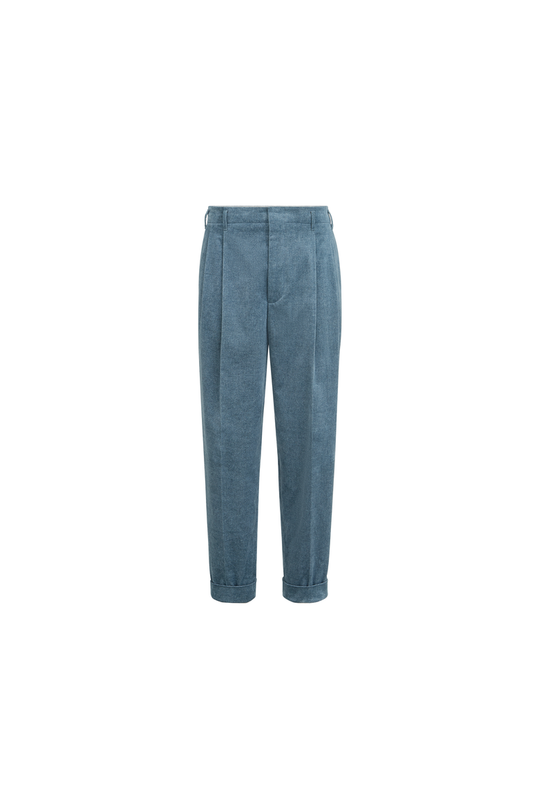 Denim-effect cotton velvet trousers with double pleats, Alternate, color, Cerulean