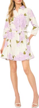 Halogen® Floral Tie Belt Cotton Mini Shirtdress