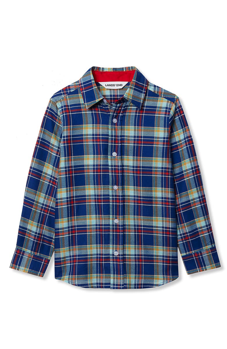 Lands
End Boys Button Down Poplin Shirt, Main, color, Fiery Red/Blue Plaid