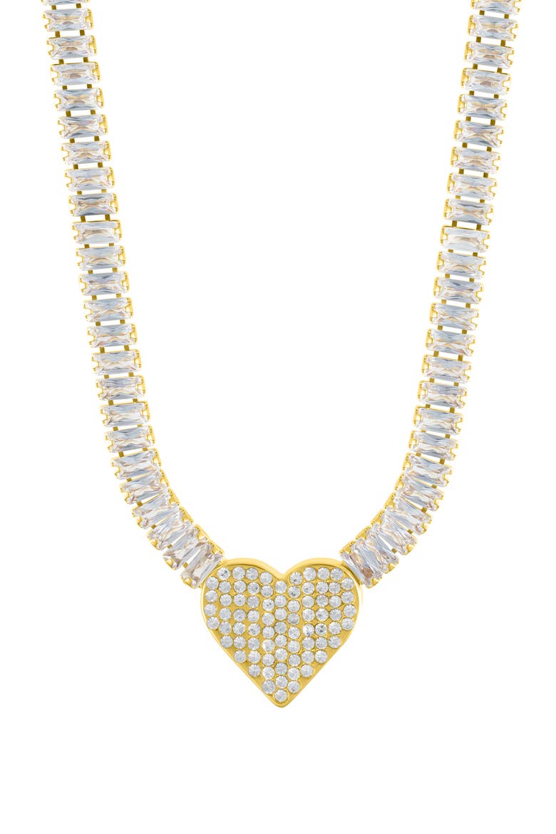 Crystal Heart Pendant Baguette Tennis Necklace, Main, color, GOLD
