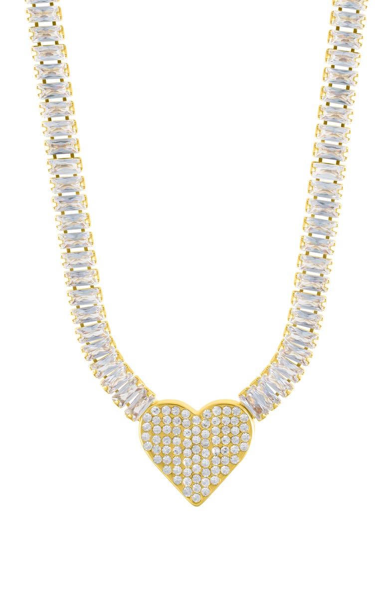 Adornia Crystal Heart Pendant Baguette Tennis Necklace, Main, color, Gold
