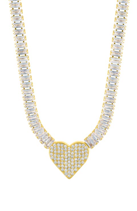 Crystal Heart Pendant Baguette Tennis Necklace