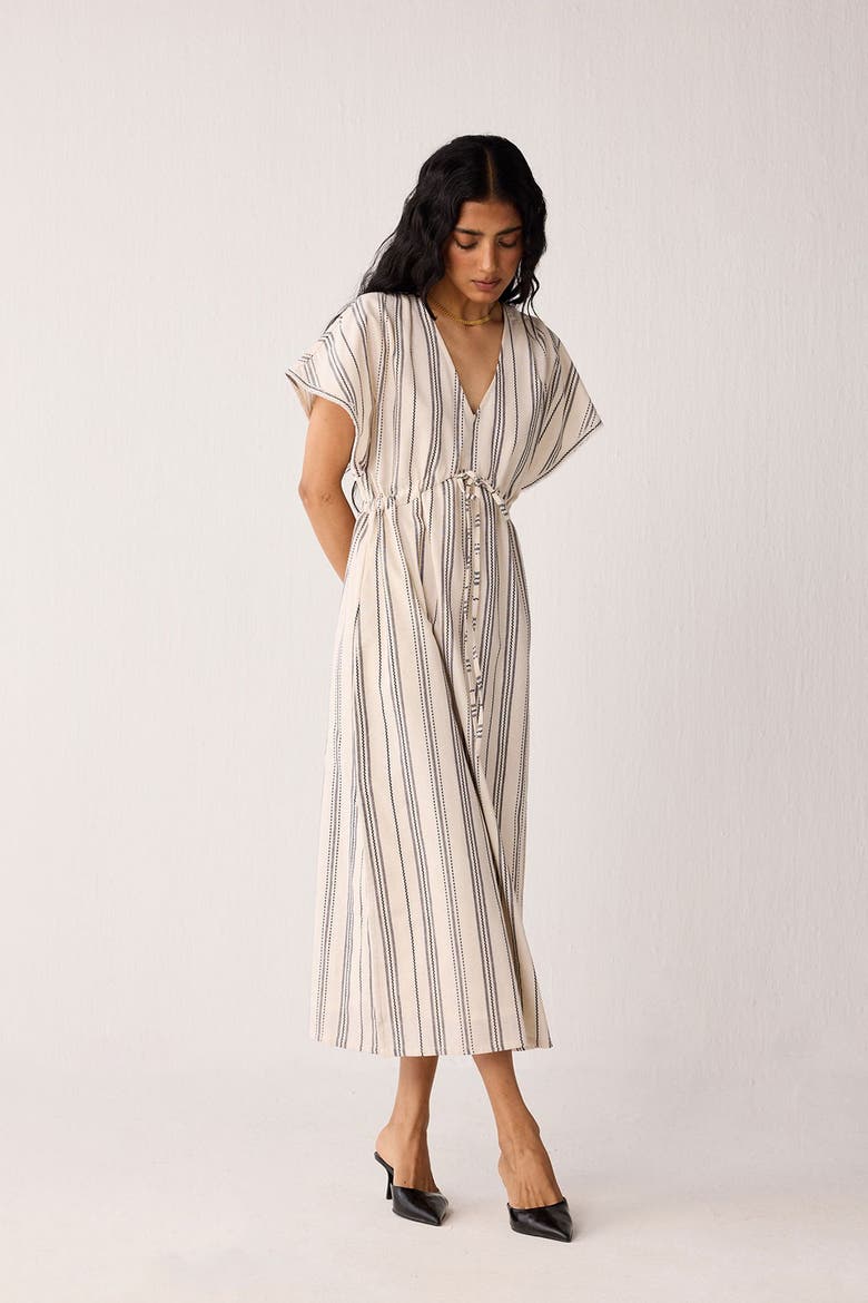 Maxi Gathered Dress with Side Slits in Stripes, Alternate, color, Linear Canvas