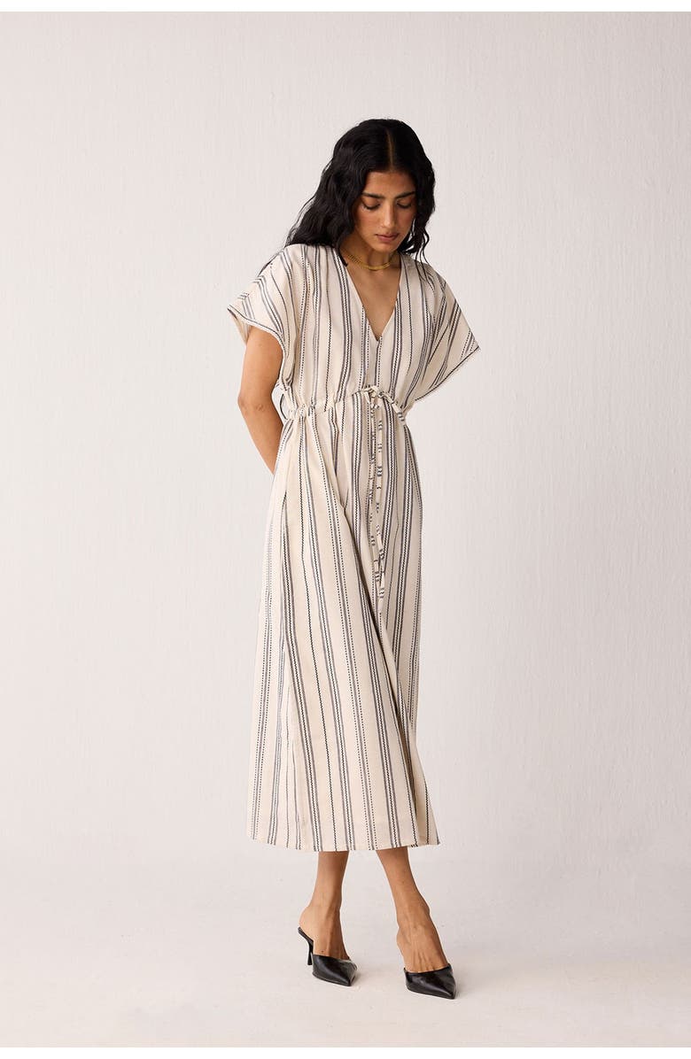 Reistor Maxi Gathered Dress with Side Slits in Stripes, Alternate, color, Linear Canvas