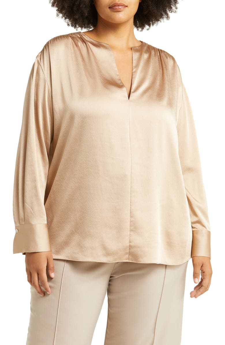 Vince Smocked Shoulder Long Sleeve Satin Blouse, Main, color, Pale Nut